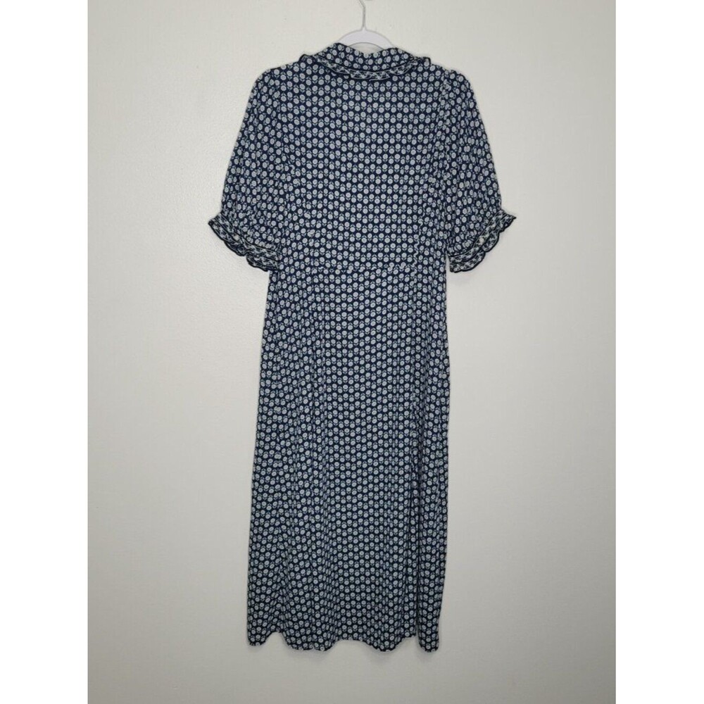 Max Studio navy blue white all over flower print button front long cute dress L - Picture 3 of 8